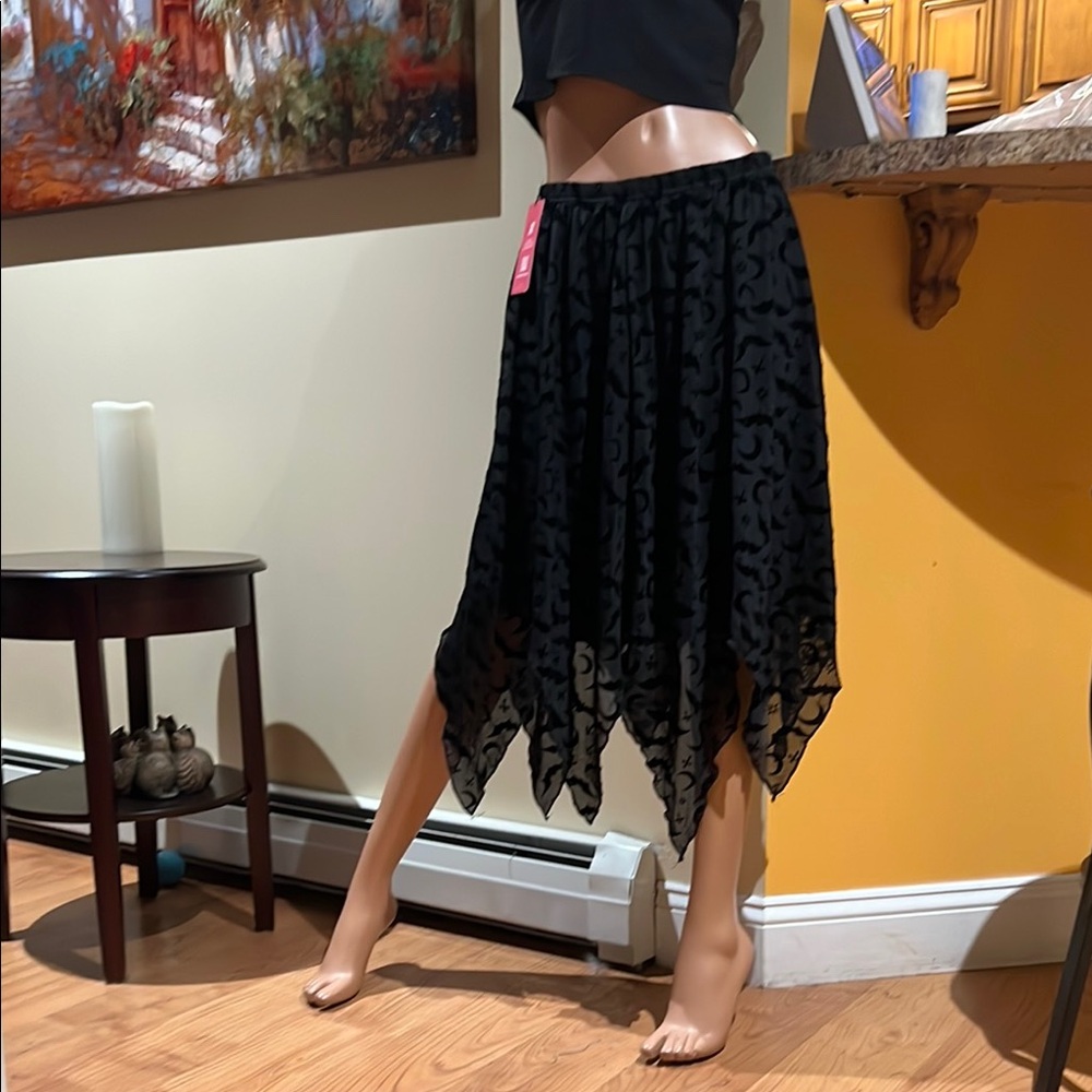 Goth  Black Asymmetrical bat & moon S witchy Midi Skirt nwt